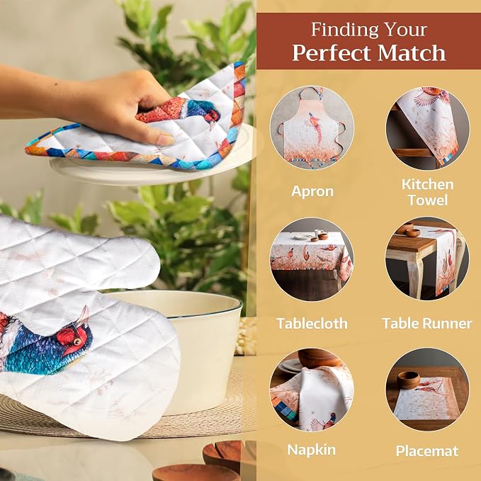 Maison d' Hermine Pot Holders 100% Cotton Potholders (8" x 8", Pack of 1) | Heat Resistant Hot Pads with Loop BBQ Cooking Baking Kitchen Handling Hot Pans Thanksgiving Christmas - Faisan D'Automne