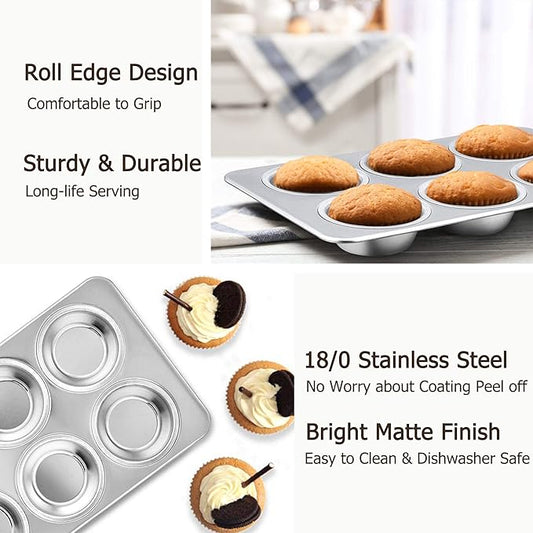 TeamFar 2 Packs Muffin Pan, Stainless Steel Muffin Cupcake Pan Tin Tray for Baking, for Mini Cakes/Tarts/Quiche, Healthy & Sturdy, Oven & Dishwasher Safe (6-Cup)