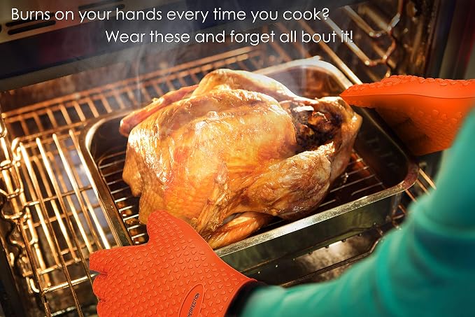 KITCHEN PERFECTION Silicone Smoker BBQ Gloves - Heat Resistant Oven Mitts | Waterproof, 5-Finger Design For A Better Grip, for Pitmasters, Meat Smoking, Grilling, Cooking, Frying Turkey | Grill Gift