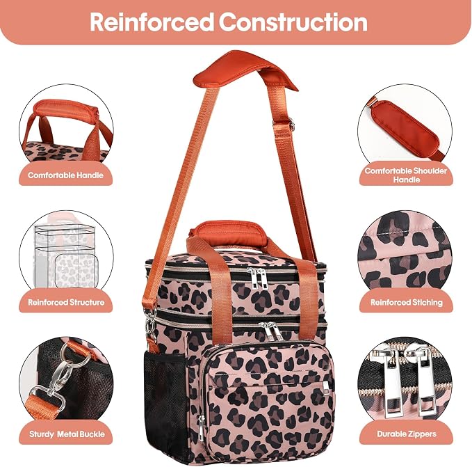 Expandable Lunch Box Cooler Bag - Insulated Soft Lunch Bag for Men Women - Large Lunchbox for Adults Work Camping Outdoor Travel Leopard 16L