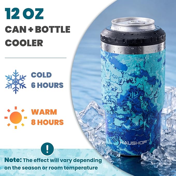HAUSHOF 4-in-1 Insulated Can Cooler Fits 12oz Cans & Beer Bottle, Camo Blue | Double-Wall Vacuum Insulated, 18/8 Stainless Steel, BPA-Free Lid, Slim Can Cooler for Camping, Beach & Picnic