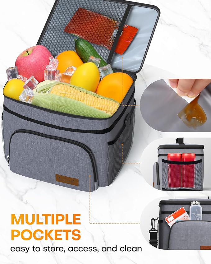 HOTOR Insulated Lunch Box Men Women Leak-Proof Cooler Lunch Bag 9L | 4 Pockets, Adjustable Strap, Ideal for Work, Picnic, Travel, Camping, Gift, Light Grey