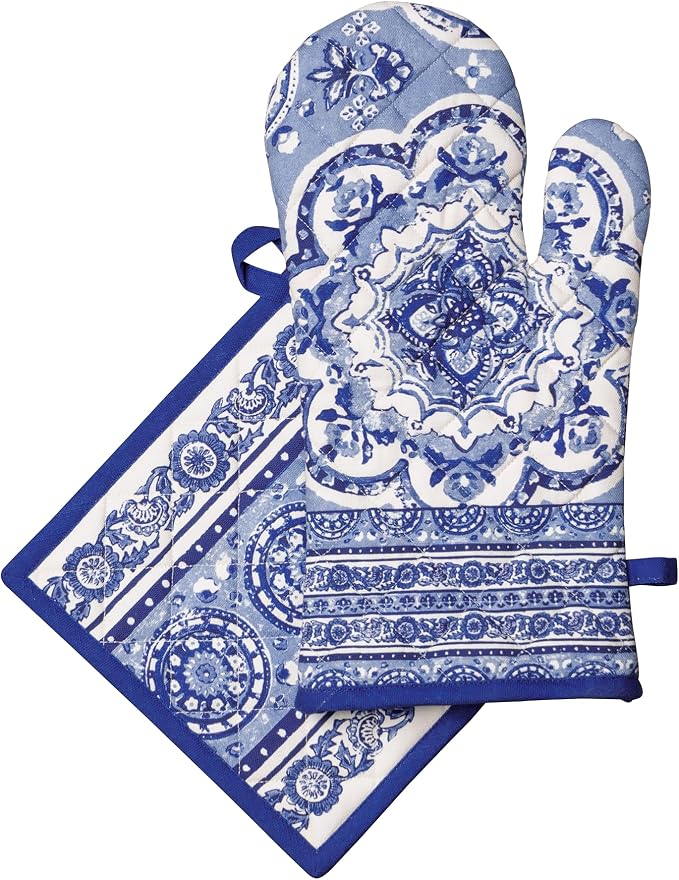 Maison d' Hermine 100% Cotton Oven Mitt & Pot Holder Set (7.5"x13" & 8"x8") | Heat Resistant BBQ Cooking Gloves with Loop Baking Grilling Kitchen Hotel Home Farmhouse Spring Summer - Melodie Bleue