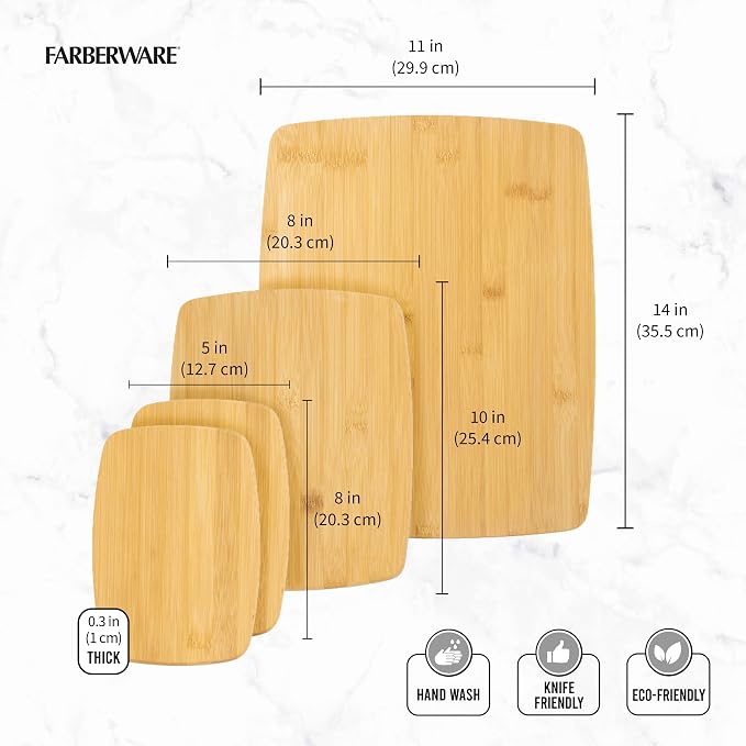 Farberware 4-Piece Bamboo Cutting Board Set - Reversible Boards for Chopping, Slicing, Charcuterie and Meal Prep - Kitchen Essential, Housewarming or Back-to-School Gift (Pack of 4)