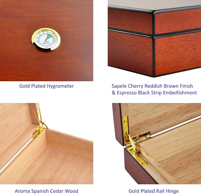 Humidor Cigar Box Holds 20 Cigars, Seal Lid Closure, Spanish Cedar Wood Travel Storage Cigar Case with Removable Divider, Humidifier and Golden Hygrometer, Gift for Man, Sapele Cherry Finish