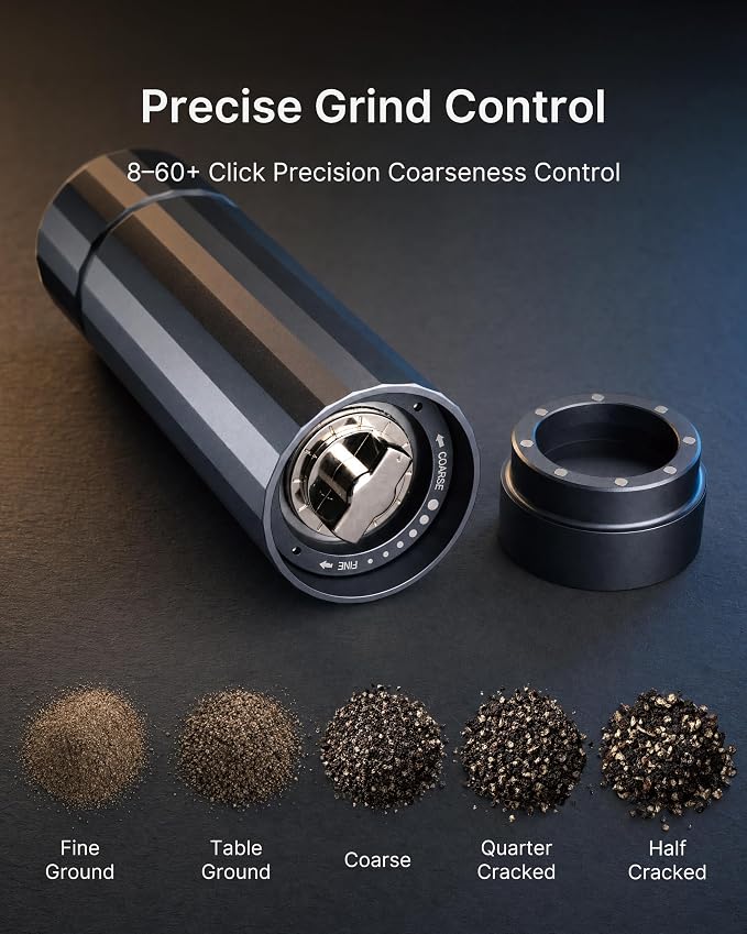 All-Metal Pepper Grinder, Manual Pepper Mill, Stainless Steel Burr | Commercial-Grade, No Plastic, Refillable, 60+ Precision Settings, High-Output Grinding, Magnetic No-Mess Powder Chamber