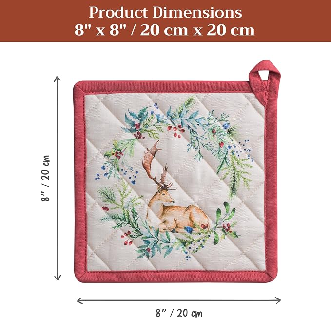 Maison d' Hermine Pot Holders 100% Cotton Potholders (8" x 8", Pack of 2) | Heat Resistant Hot Pads with Loop BBQ Cooking Baking Hotel Kitchen Handling Hot Pans Thanksgiving Christmas - Holly Time