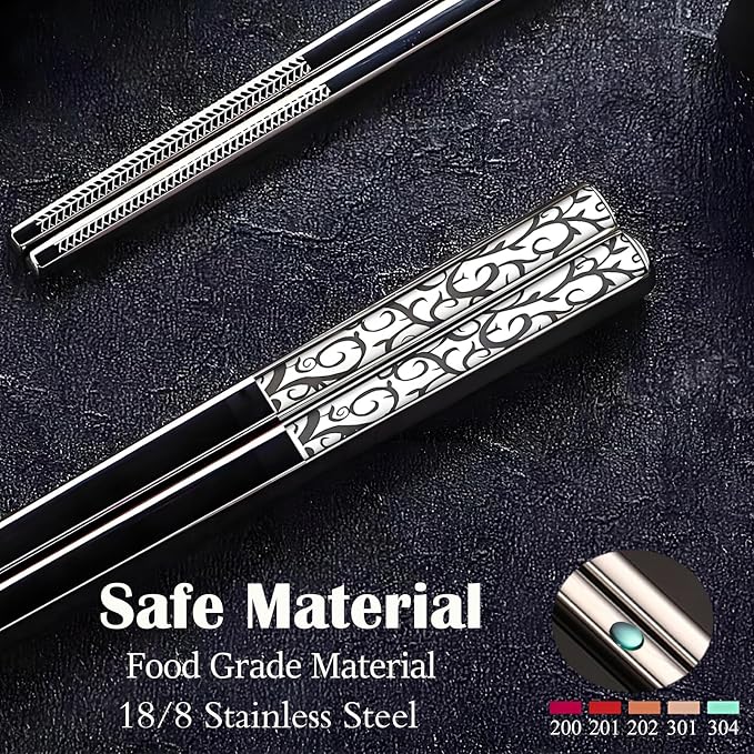 Metal Chopsticks Reusable,18/8 Stainless Steel,Tang Cao, 5 Pairs | Gift Box Set,ishwasher Safe, Square Lightweight, Non-Slip,Easy to clean