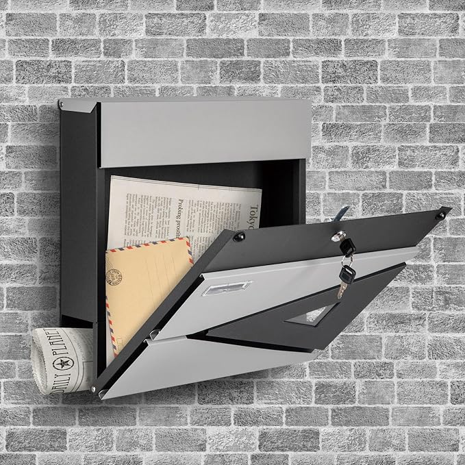 Wall-Mount Mailbox for House Outside, Security Drop Box with Lock and Keys, Steel Metal Mail Box with Newspaper Compartment, 14.57 x 14.57 x 4.33 Inch, Grey & Black, MD039 X-Large