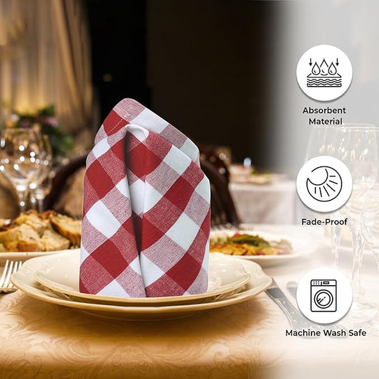 Urban Villa Cloth Dinner Napkins Set of 12 100% Cotton Red White Checks Highly Absorbent Washable Reusable Durable Ideal for Home Farmhouse Party Wedding Everyday Use
