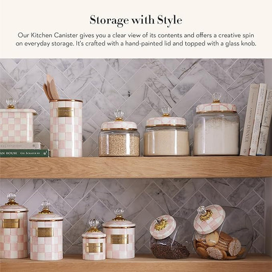 MACKENZIE-CHILDS Rosy Check Kitchen Canister, Decorative Pink-and-White Glass Storage Jar with Lid, Small