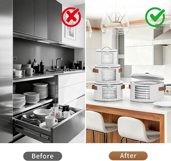4-Piece Set China Storage Containers, Dish Storage with Clear Windows, Hard Shell Plate Storage Containers with Handles, Stackable Sturdy Dish Packing Supplies for Moving & Protection, Light Gray