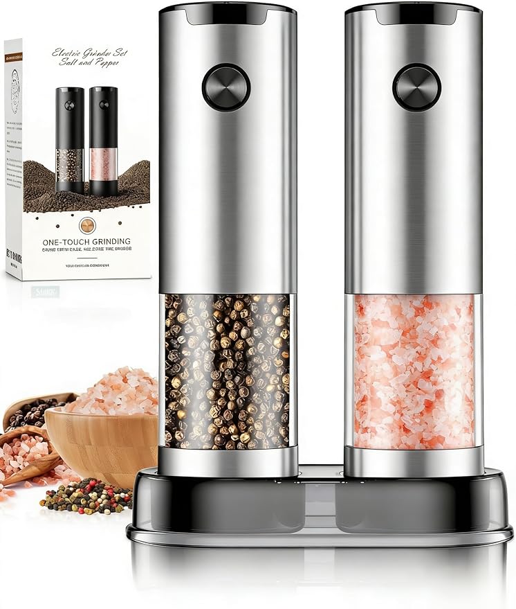 Electric Salt and Pepper Grinder Set Automatic Battery Pepper Mill Shakers Kitchen Gadgets Adjustable Coarseness Upgraded Larger Capacity with Led Birthday Gifts for Women