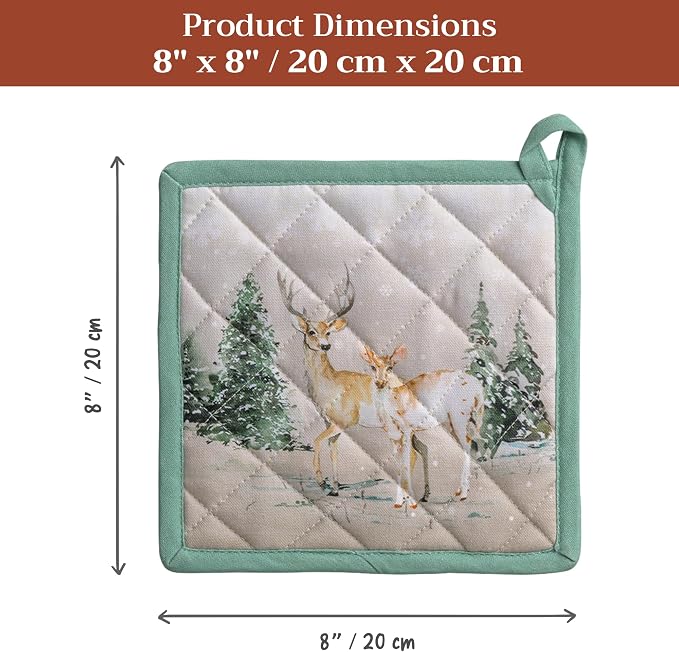 Maison d' Hermine Pot Holders 100% Cotton Potholders (8" x 8", Pack of 2) | Heat Resistant Hot Pads with Loop BBQ Cooking Baking Kitchen Handling Hot Pans Thanksgiving Christmas - Deer In The Woods