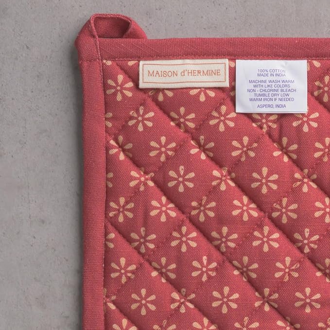 Maison d' Hermine 100% Cotton Oven Mitt & Pot Holder Set (7.5"x13" & 8"x8") | Heat Resistant BBQ Cooking Gloves with Loop Baking Grilling Kitchen Hotel Home Farmhouse Thanksgiving Christmas - Romane