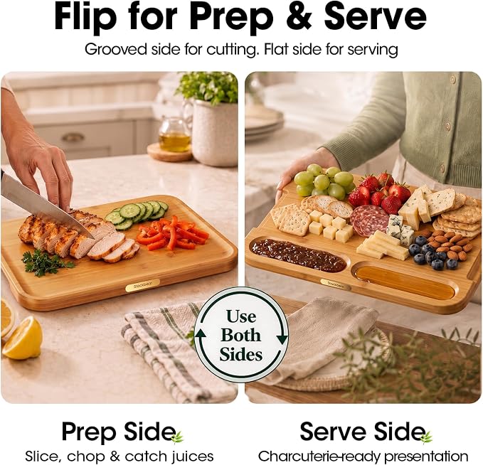 Bamboo Cutting Board Set of 3 with Stand, Non-toxic | Deep-Carbonized FSC-Certified Bamboo | 3 Large Sizes, Reversible prep & Serving Sides, Sloped Groove & Corner Sauce Well