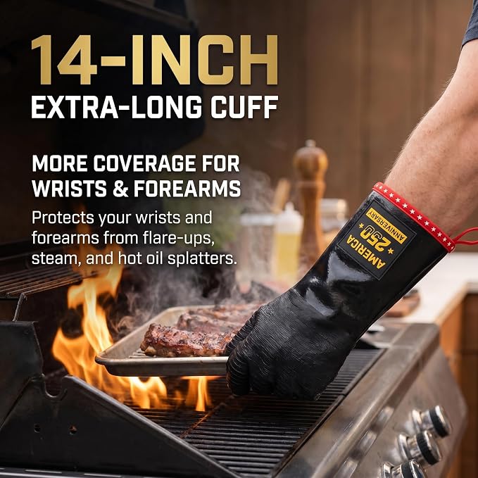 PRO BBQ Gloves, Black Neoprene, 14-Inch, Heat Resistant up to 932°F, Waterproof with Cotton Lining, America 250th Anniversary Edition, Includes Storage Bag (Roomy Fit-14INCH-932℉-PRO)