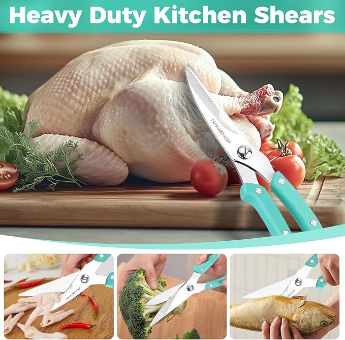 HAUSHOF 10" Poultry Shears, Stainless Steel Kitchen Scissors for Food | Serrated Blade, One-Piece Handle, Spring-Assisted Cutting, Safety Lock, Poultry, Meat, Fish & Bone Prep