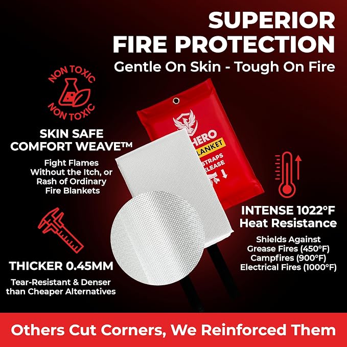 Emergency Fire Blanket – 4 Pack, Triple Certified, Comfort Weave Skin-Safe Fiberglass, Fire Blankets for Home, Kitchen, RV, Camping & Emergency Kits | Multi-Zone Fire Protection for Families
