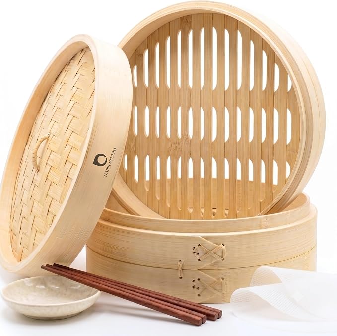 Bamboo Steamer Basket 12-Inch, 2-Tier Dumpling Steamer Cooking | ncl. Silicone Liners, Sauce Dish, Chopsticks - Small Steam Baskets - Food, Dim Sum, Bao Bun, Momo, Rice, Vegetables