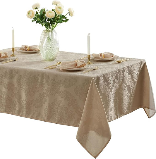 Newbridge Barcelona Luxury Damask Fabric Tablecloth, 60” Wide x 84” Rectangle, Golden Beige, 100% Polyester, No Iron, Soil Resistant Dining Room, Party and Banquet Table Cover