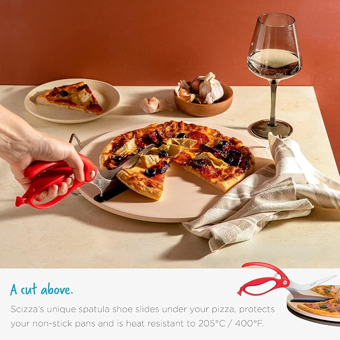 Dreamfarm Scizza 2-In-1 Easy Ergonomic Pizza Scissors with Stainless Steel Pizza Cutter Blades & Non-Stick Slice Server - Red | Cuts and serves pizza with non-scratch, heat resistant serving base, spring-loaded German stainless steel blades