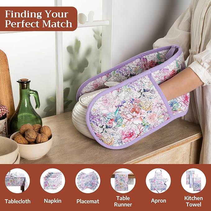 Maison d' Hermine Double Oven Mitts 100% Cotton Double Oven Glove (7"x35") | Heat Resistant BBQ Cooking Gloves with Loop Baking Grilling Kitchen Hotel Home Farmhouse Spring Summer - Floral Love