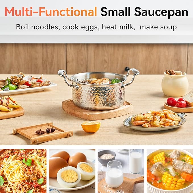 WANGYUANJI 1.8-Quart Stainless Steel Stock Pot with Lid, Small Soup/Sauce Pot, Tri-Ply Bottom, Induction Compatible, Dishwasher Safe, Hammered Finish