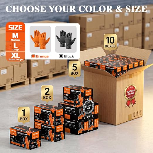 ANBOSON 10 Mil Heavy Duty Industrial Nitrile Gloves, Orange Medium 500 Ct | 500 Ct Diamond Texture, Disposable Latex Free Rubber Gloves for Auto Repair,Workshop,Warehouses,Chemical Handling Industrial