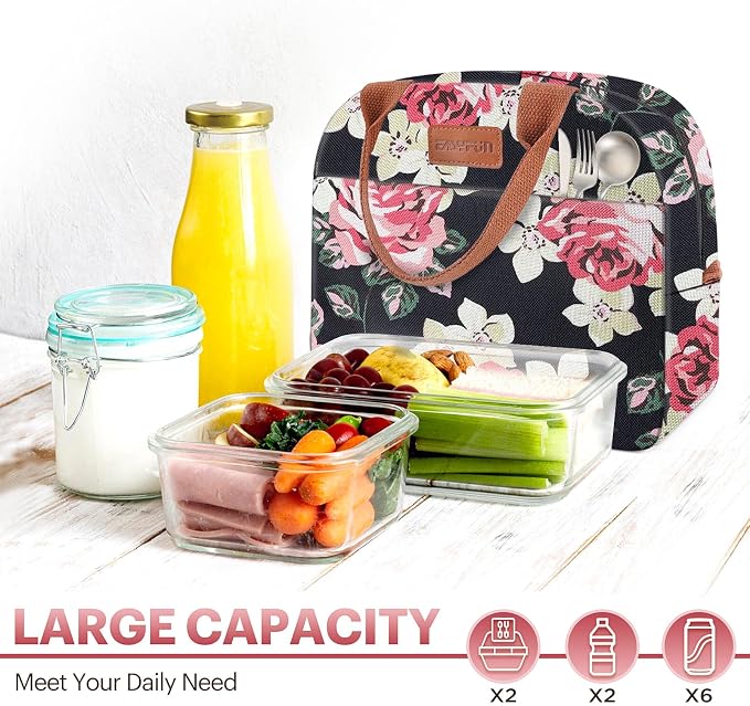 Lunch Bag for Women & Men Adult Insulated Lunch Box, Small Leakproof Cooler Food Lunch Containers Reusable High Capacity Lunch Tote Bags for Work, Travel, Outdoor - Black Rose