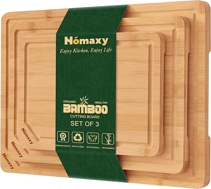 Homaxy Organic Bamboo Cutting Boards Set for Kitchen Set of 3 | Wooden Cutting Board Set with Juice Groove and Handles, Charcuterie Butcher Block Serving & Chopping Board, Pre Oiled
