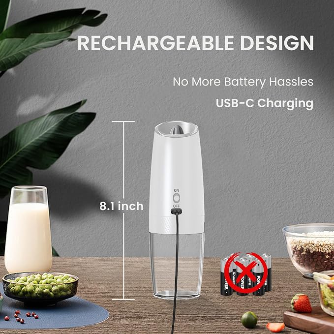 Rechargeable Salt And Pepper Grinder Set with LED Light, Automatic Electric Gravity Salt And Pepper Shakers Set, No Battery Needed, Adjustable Roughness, 2 Pack (Black&White)