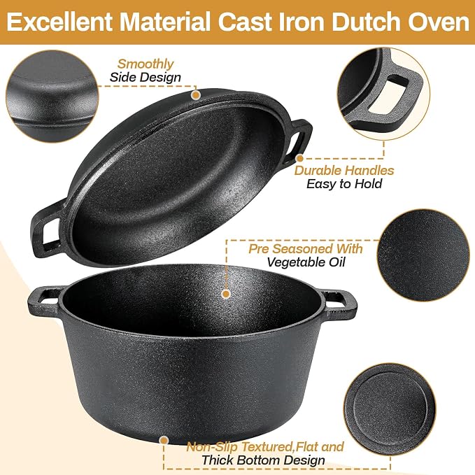 TLGREEN Cast Iron Dutch Oven 6.7QT Pot 2.5QT Skillet Lid Silicone Holders | Cast Iron Skillets, Heat Resistant Stand Included, Fits All Heat Sources for Outdoor Camping, Safe for Long High Temp Cooking