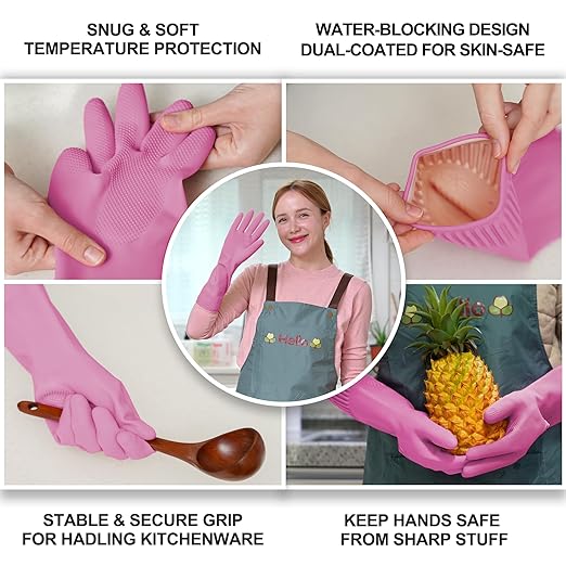 DABOGOSA Mamison 2 Pairs Reusable Waterproof Household Dishwashing Cleaning Rubber Gloves, Non-Slip Kitchen Glove (Pink, XL (Pack of 3))