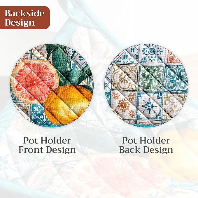 Maison d' Hermine Pot Holders 100% Cotton Potholders (8" x 8", Pack of 2) | Heat Resistant Hot Pads with Loop BBQ Cooking Baking Farmhouse Kitchen Handling Hot Pans Spring Summer - Agrume