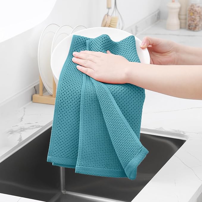 Homaxy 100% Cotton Waffle Weave Kitchen Towels, 3-Pack, Lake Blue | 13 x 28 Inches, Ultra Soft Absorbent Dish Towels, Quick Drying Cleaning Towels