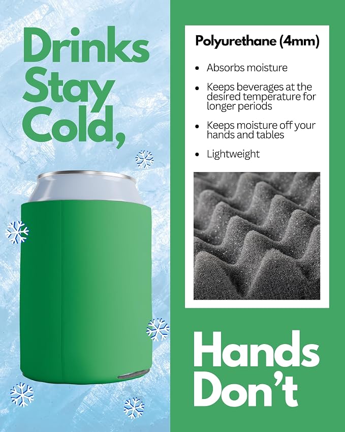 PartyPrints 100 Pack Kelly Green Blank Can Cooler Sleeves, Customizable Bulk Insulated Foam for Beer, Collapsible Plain Drink Holder, Cold Soda Insulator, 12oz Regular, 16oz Tall Cans