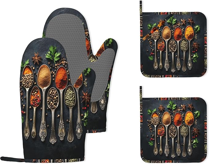 Cooking Herbs Spices Heat-Resistant Silicone Oven Mitts and Pot Holders 4 Piece Set,Extra Long Non-Slip Kitchen Oven Gloves for Cooking, Baking, BBQ,Grilling