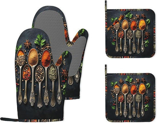 Cooking Herbs Spices Heat-Resistant Silicone Oven Mitts and Pot Holders 4 Piece Set,Extra Long Non-Slip Kitchen Oven Gloves for Cooking, Baking, BBQ,Grilling