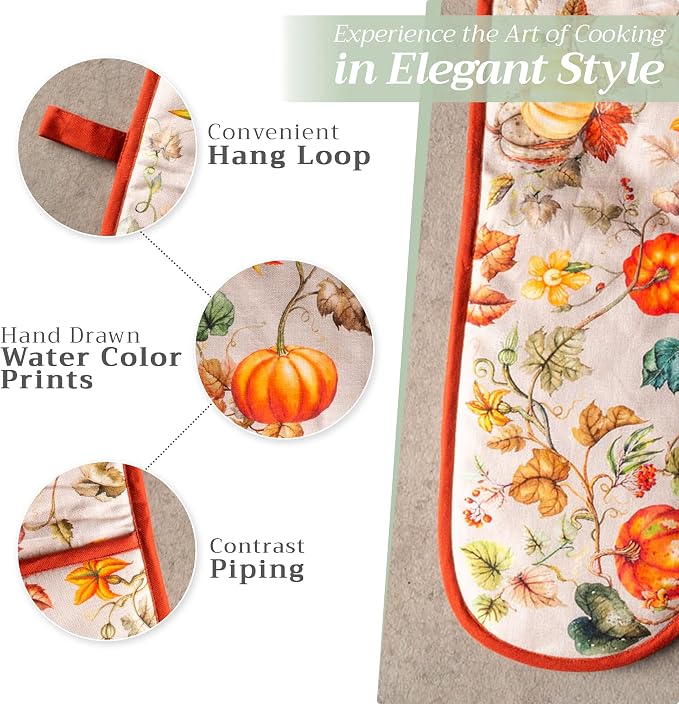Maison d' Hermine Double Oven Mitts 100% Cotton Double Oven Glove (7"x35") | Heat Resistant BBQ Cooking Gloves with Loop Baking Kitchen Home Hotel Farmhouse Thanksgiving Christmas - Potiron