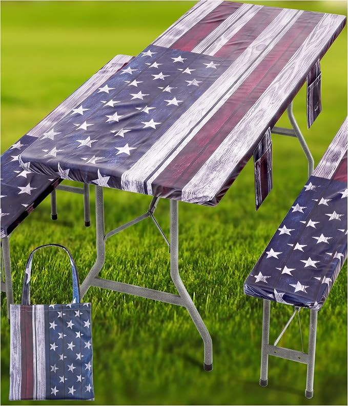 Fitted Picnic Table Cover with Bench Covers Waterproof Elastic Edges Rectangle Patio Tablecloth Outdoor Camping Essentials Stuff Rv Accessories Summer Trip Travel Supplies Party Camper Gifts, 6 ft