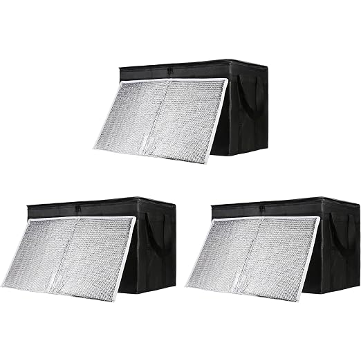 Insulated Food Delivery Bag with Hard Bottom, XXX-Large Insulated Reusable Grocery Cooler/Hot Bags, Tote Bag for Shopping/Travel, Black, 3-Pack