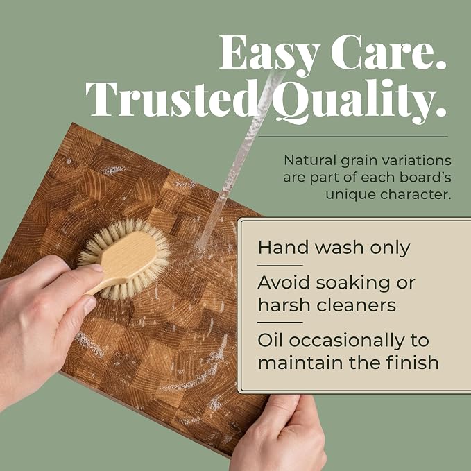 End Grain 10"x7.5" European Oak Wood Cutting Board with Non-Slip Feet & Handles, Charcuterie Board, Knife-Friendly, Serving Chopping Board for Kitchen