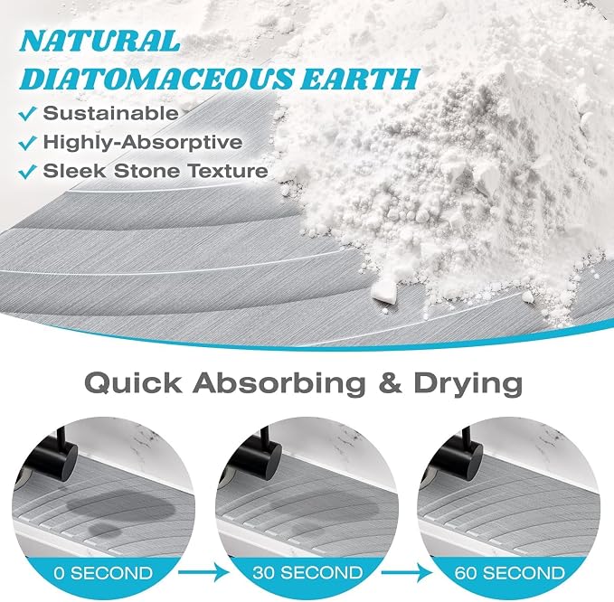 SpaceHacks Stone Faucet Mat for Kitchen Sink - Fast Drying Diatomite Stone Drying Mat, Textured Drainage Sink Protector, Water Splash Guard with Base Pads for Bathroom Counter (15.7x4 in, Light Gray)