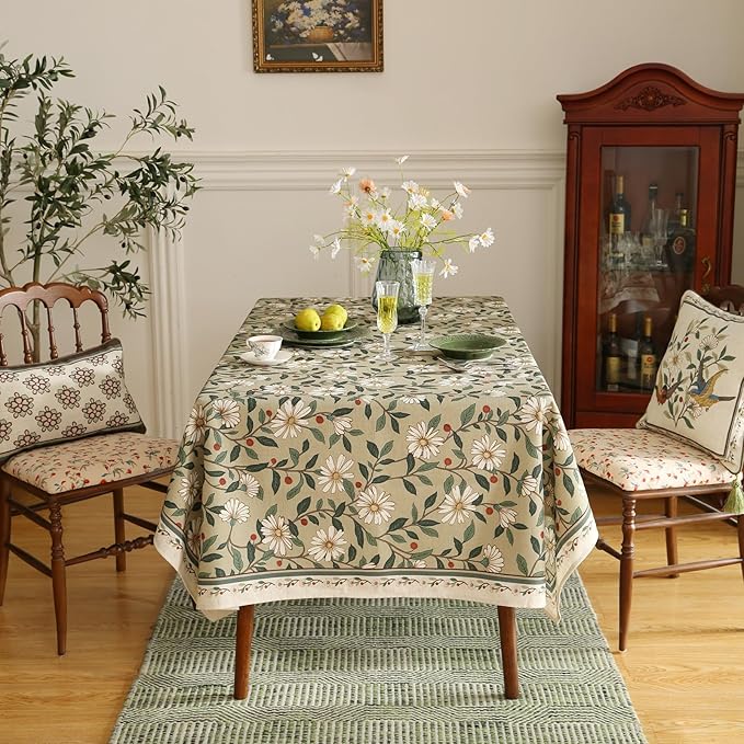 ISAENNE Designer Green Linen Small Square Table Cloth,Floral French Country Indoor Tablecloth,Stain Resistant Home Decor Tablecloths for Dining Kitchen Thanksgiving Christmas Party,55"*55"-Brune