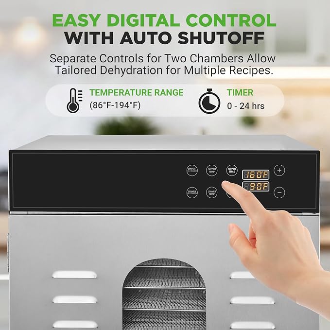 NutriChef 32 Layer & 2 Chamber Commercial Food Dehydrator Machine - Stainless Steel Trays, Digital Timer and Temperature Control, Ideal for Jerky Meat, Fruit, Pet Treats, Vegetables, and Herbs