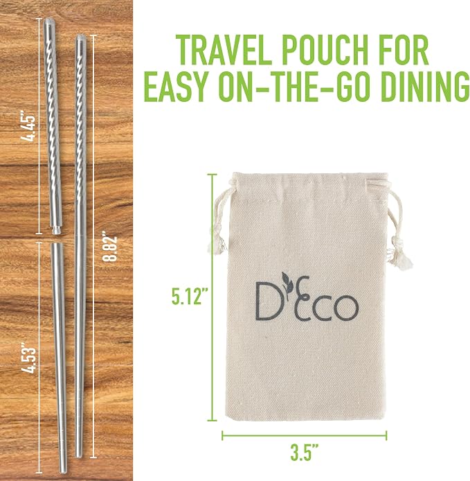 D'Eco Reusable Metal Chopsticks (4 Pairs)- Stainless Steel Twist Apart Silver Chopsticks & Travel Pouch- Lightweight, Durable, Dishwasher Safe- Great for Chinese Japanese Cuisine- On the Go Silverware
