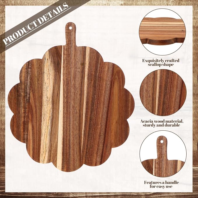 Havawish Scalloped Acacia Wood Boards Wooden Cutting Board for Bread Meat Cutting Boards Fruit Cheese Serving Butcher Block Supplies 11.81 x 11.81 x 0.63 Inches