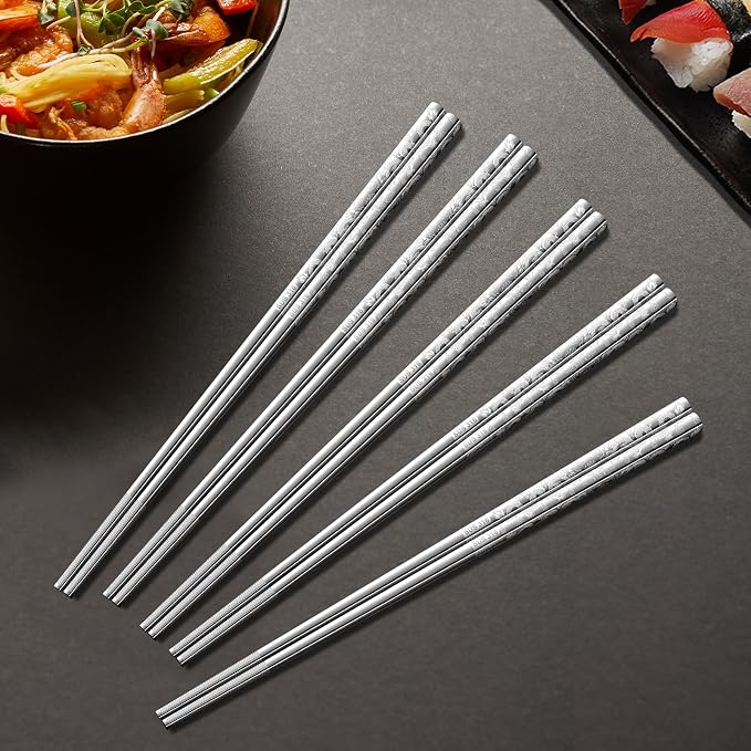5 Pairs Dragon Chopsticks Set Premium Stainless Steel 316 Kitchen Dinning Utensils Silver Reusable Metal Chop Sticks Tableware Gift Set 9.26 Inches