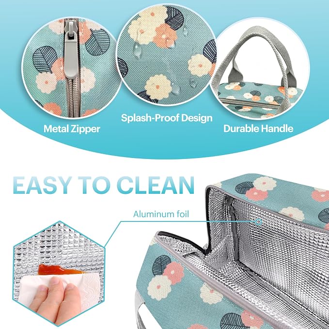 Lunch Bag for Women & Men Adult Insulated Lunch Box, Small Leakproof Cooler Food Lunch Containers Reusable High Capacity Lunch Tote Bags for Work, Travel, Outdoor - Green Flower